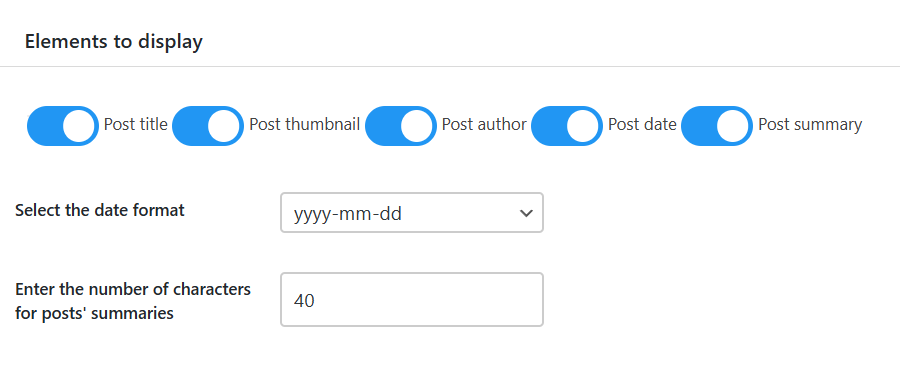 Elements to display in the results popup